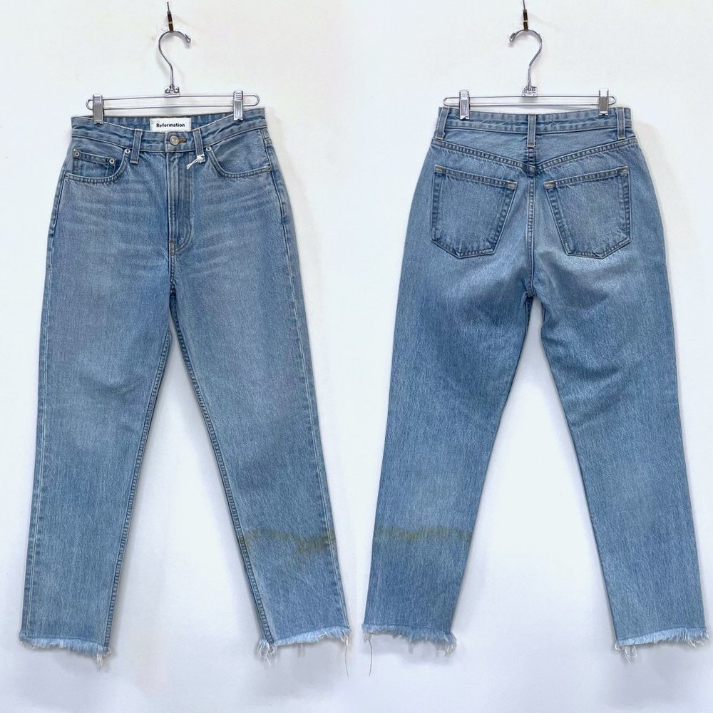Reformation High Rise Cigarette True Blue Raw Hem Five Pocket Zip Fly Jeans 27